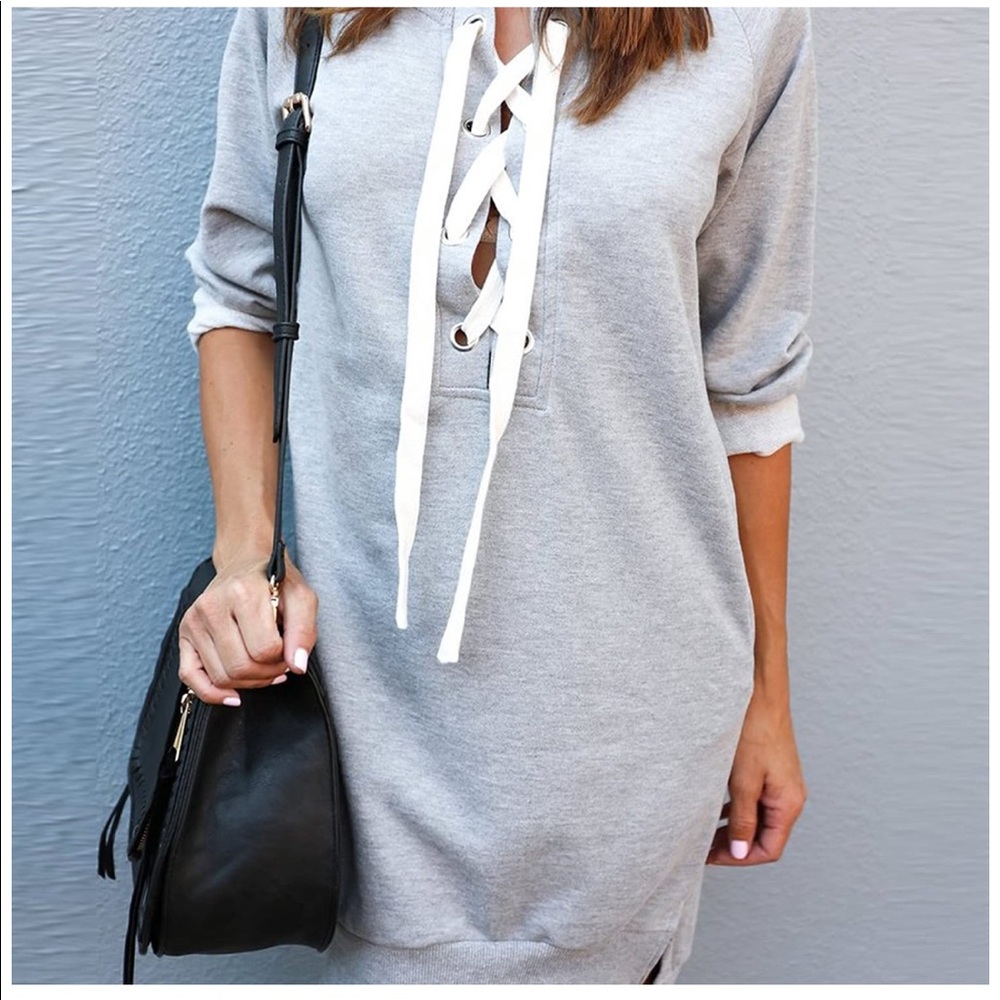 Sweatshirt dress lace up front sweater - Picture 3 of 6
